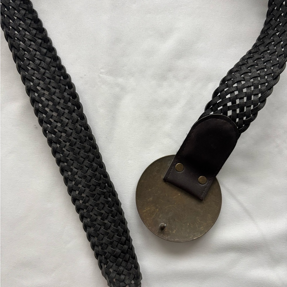 Bohemian braided leather belt with statement metal circle buckle (size OS) - Picture 5 of 8
